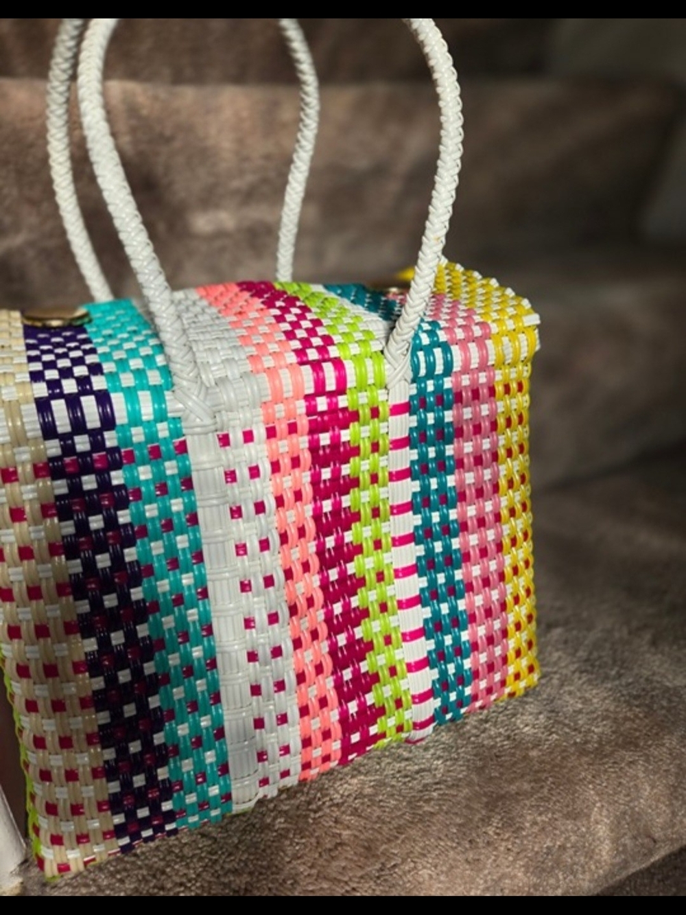 Handwoven Multicolor Tote Bag with White Handles - Picture 2 of 3
